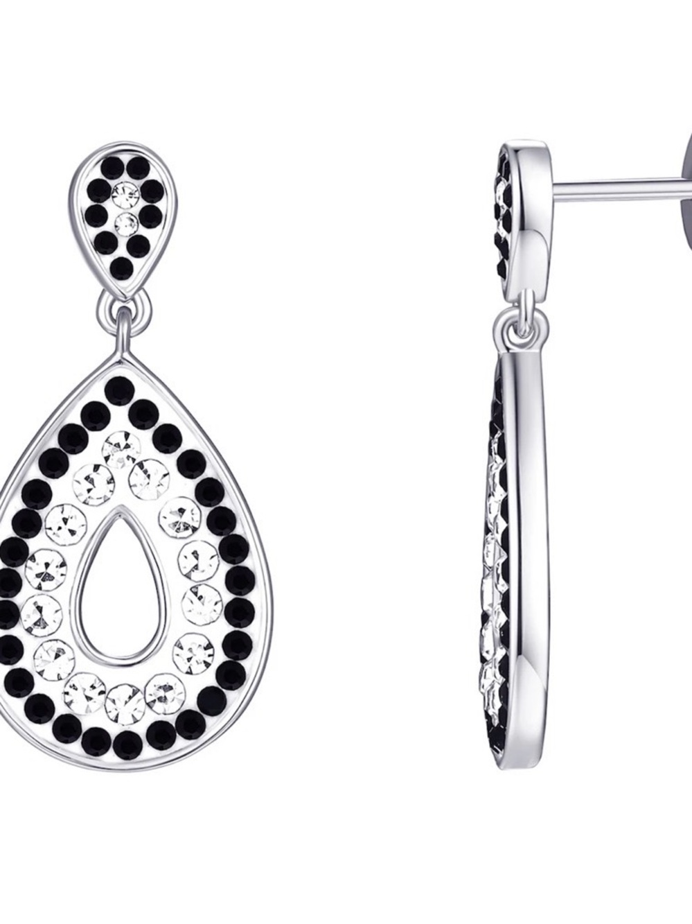 NEW  Chrystina Genuine Crystal Teardrop Earrings 1” Dangle Drop Black And Silver